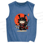 Unisex Samurai Cat Printed Washed Tank Top