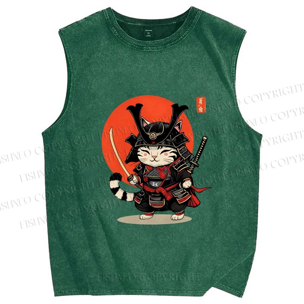Unisex Samurai Cat Printed Washed Tank Top