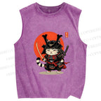 Unisex Samurai Cat Printed Washed Tank Top