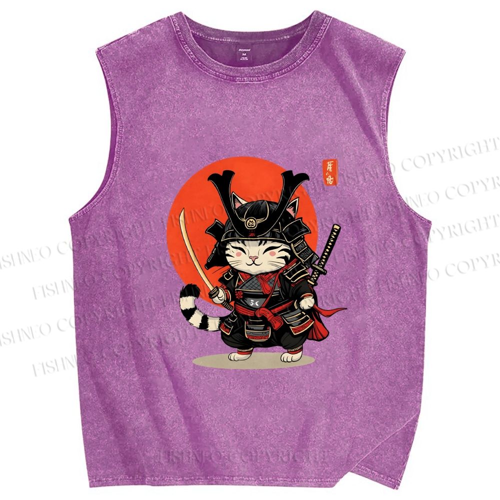 Unisex Samurai Cat Printed Washed Tank Top