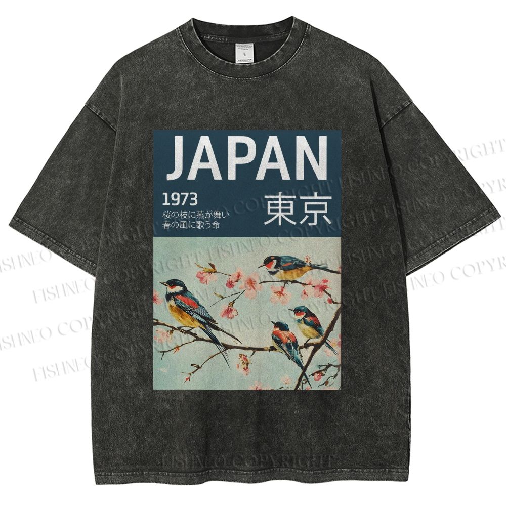Unisex Tokyo Spring Birds Printed Washed Tee