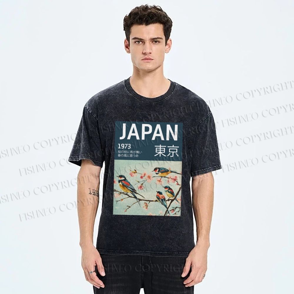 Unisex Tokyo Spring Birds Printed Washed Tee