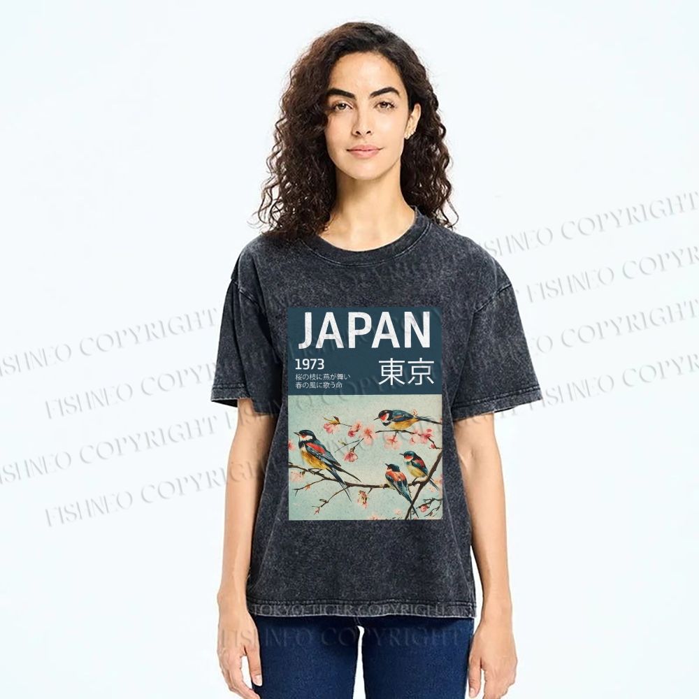 Unisex Tokyo Spring Birds Printed Washed Tee