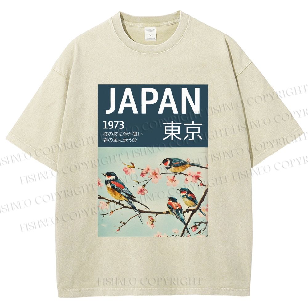 Unisex Tokyo Spring Birds Printed Washed Tee