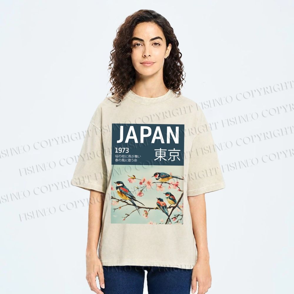 Unisex Tokyo Spring Birds Printed Washed Tee