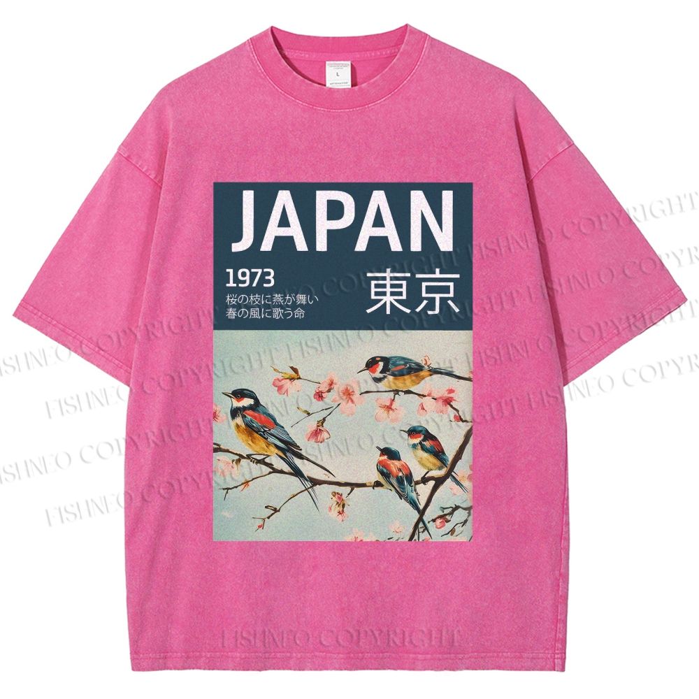 Unisex Tokyo Spring Birds Printed Washed Tee