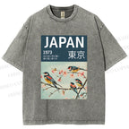 Unisex Tokyo Spring Birds Printed Washed Tee