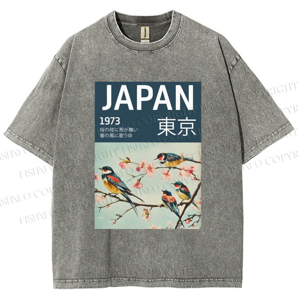 Unisex Tokyo Spring Birds Printed Washed Tee