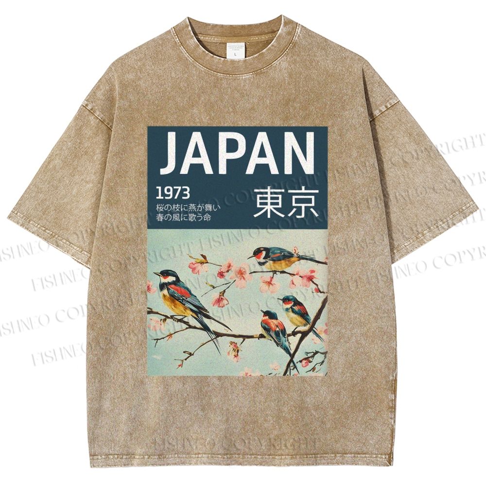 Unisex Tokyo Spring Birds Printed Washed Tee