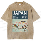 Unisex Tokyo Spring Birds Printed Washed Tee