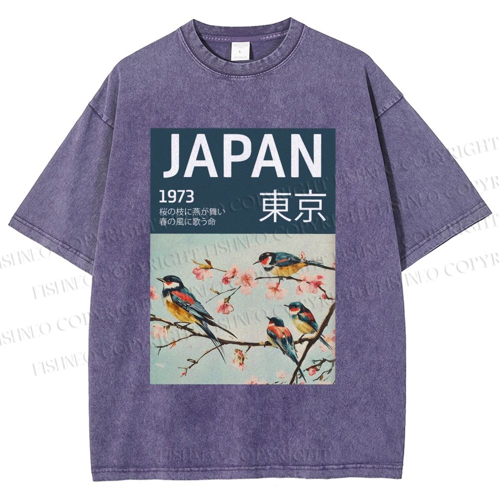 Unisex Tokyo Spring Birds Printed Washed Tee