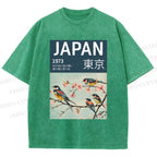 Unisex Tokyo Spring Birds Printed Washed Tee