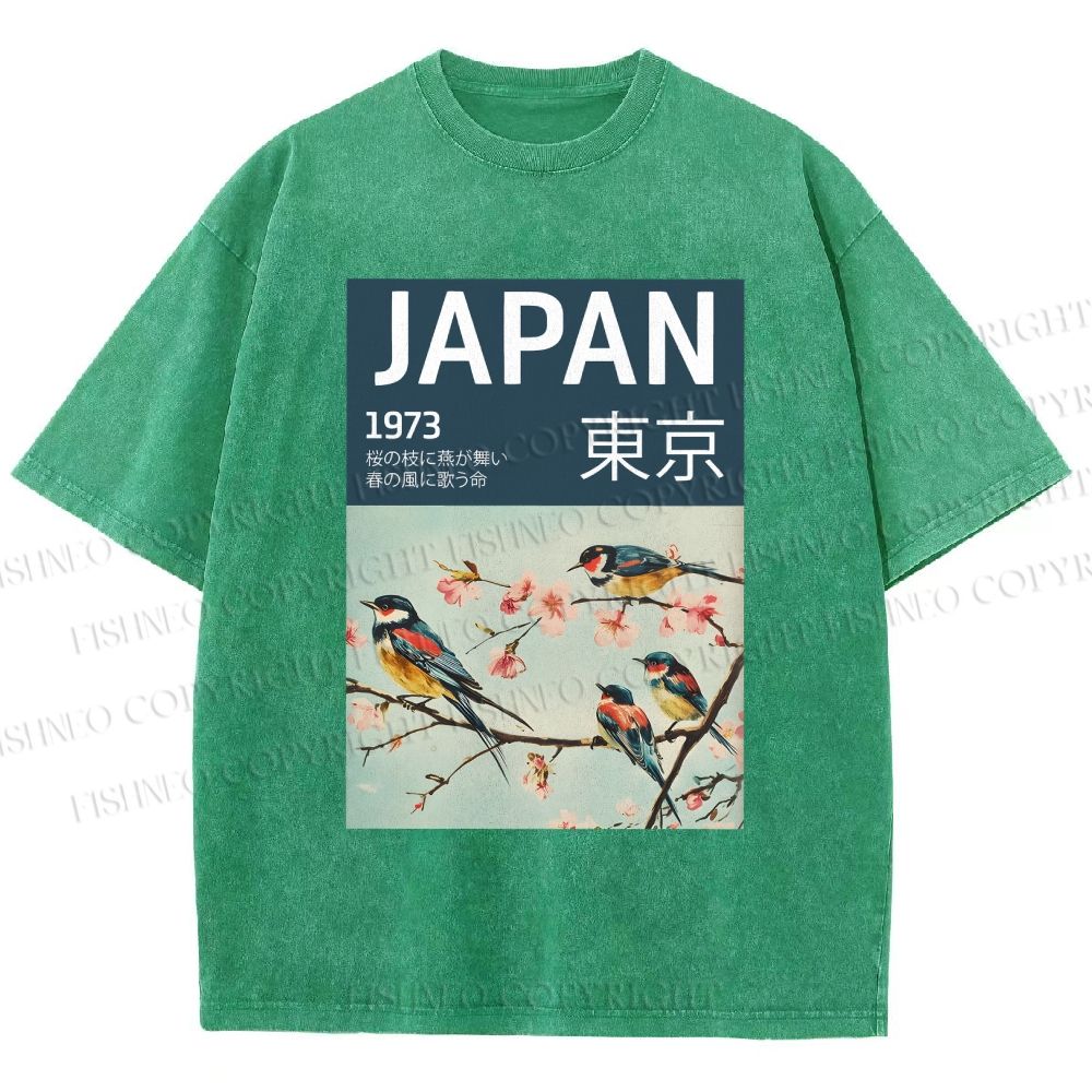 Unisex Tokyo Spring Birds Printed Washed Tee