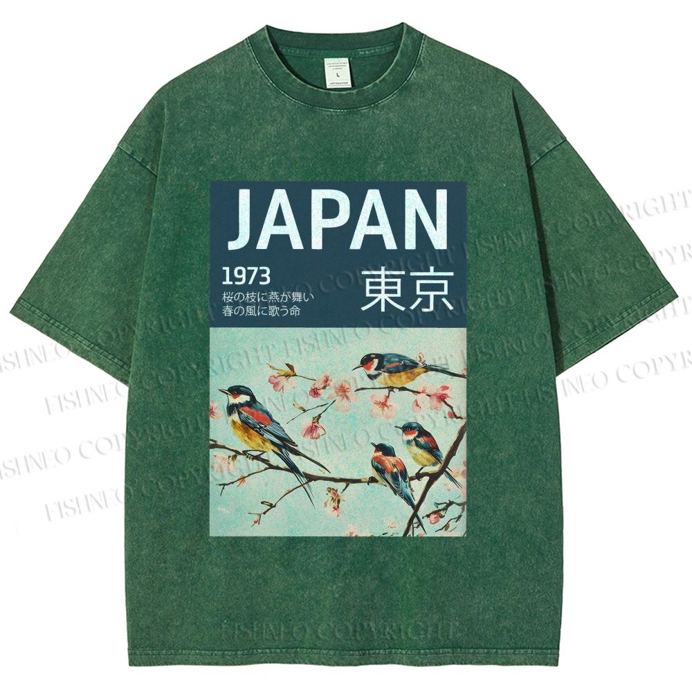 Unisex Tokyo Spring Birds Printed Washed Tee