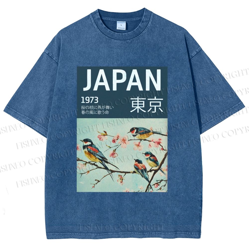 Unisex Tokyo Spring Birds Printed Washed Tee