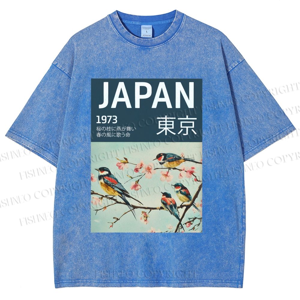 Unisex Tokyo Spring Birds Printed Washed Tee