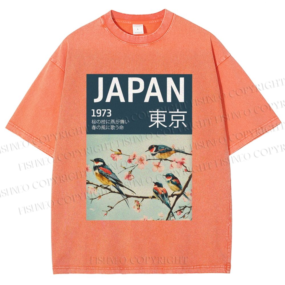 Unisex Tokyo Spring Birds Printed Washed Tee