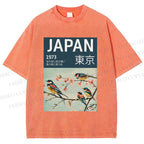 Unisex Tokyo Spring Birds Printed Washed Tee