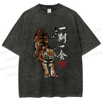 Unisex Japanese Ink Tiger Art Printed Washed Tee