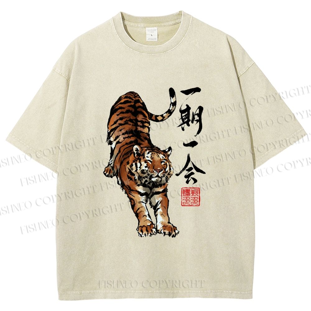 Unisex Japanese Ink Tiger Art Printed Washed Tee