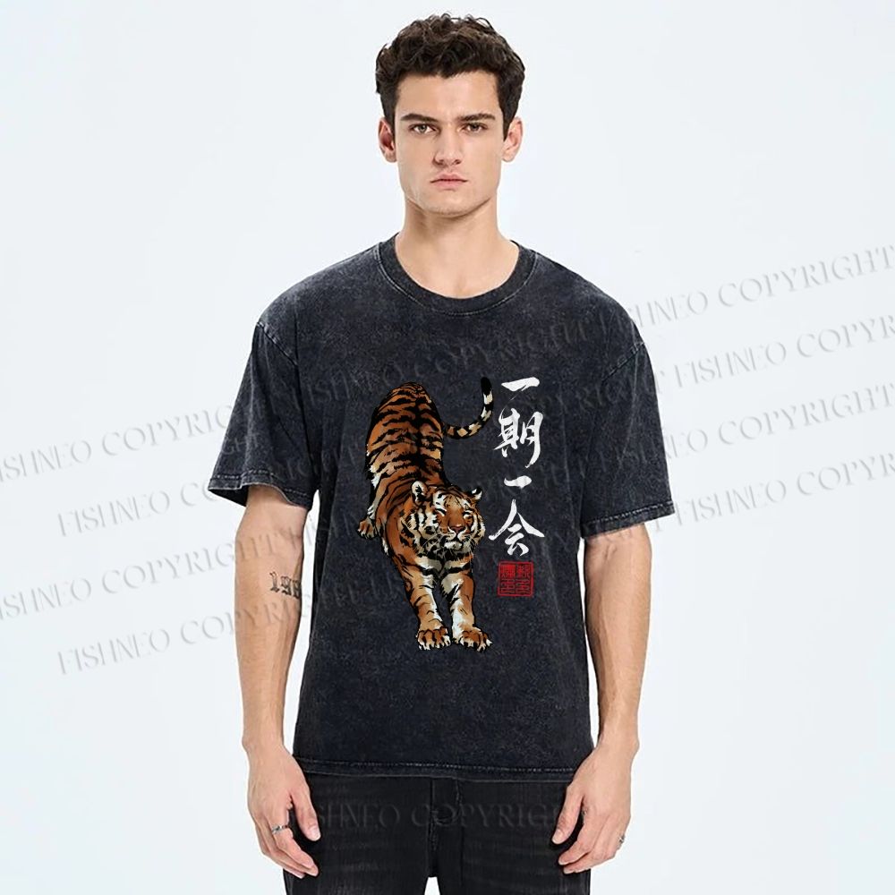 Unisex Japanese Ink Tiger Art Printed Washed Tee