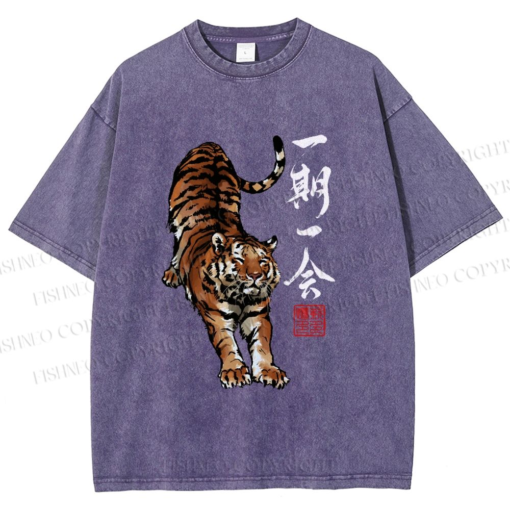 Unisex Japanese Ink Tiger Art Printed Washed Tee