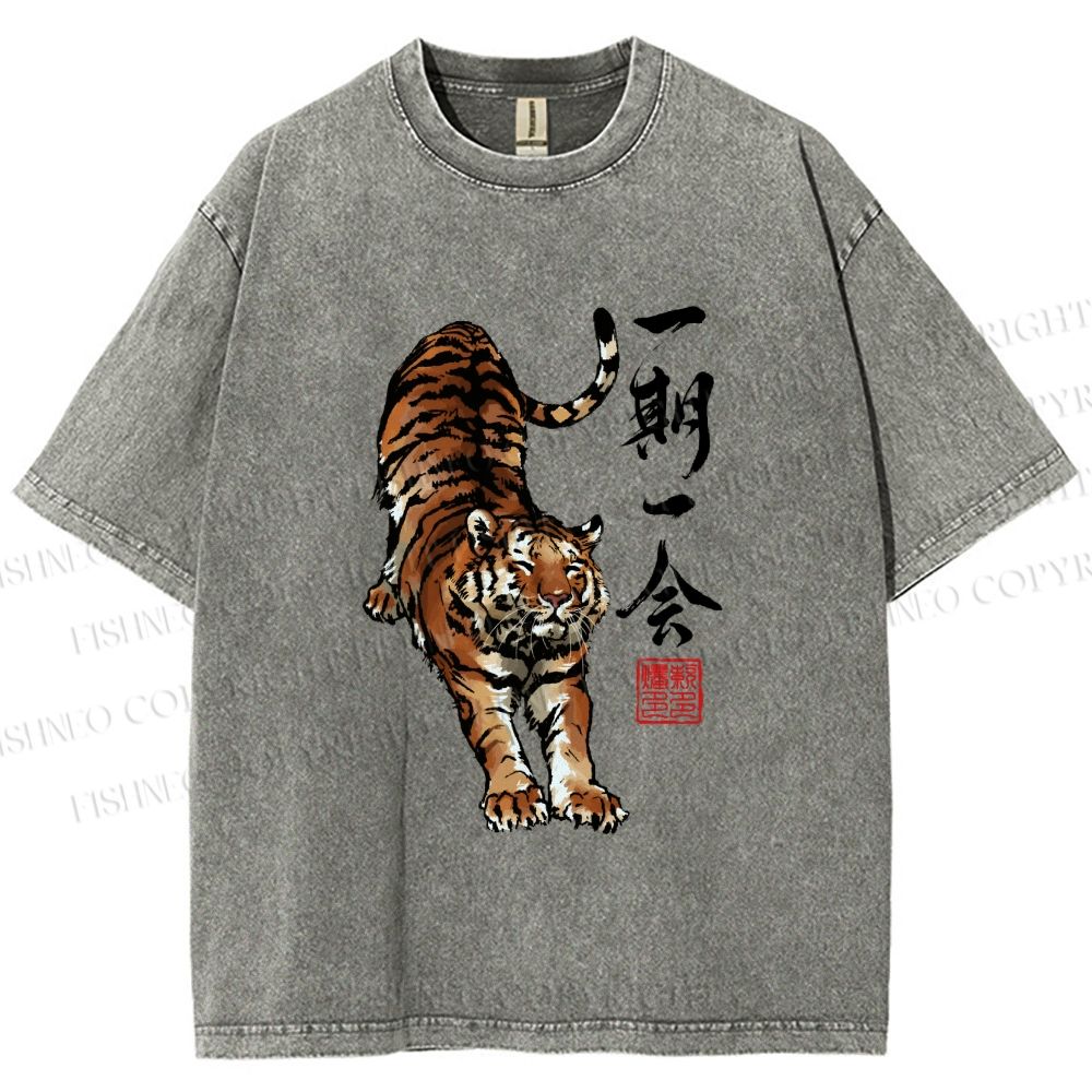 Unisex Japanese Ink Tiger Art Printed Washed Tee