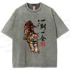 Unisex Japanese Ink Tiger Art Printed Washed Tee