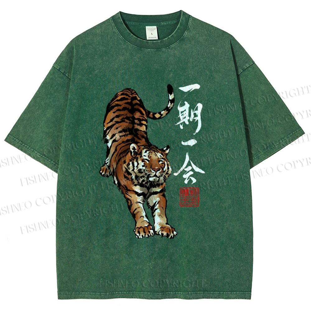 Unisex Japanese Ink Tiger Art Printed Washed Tee