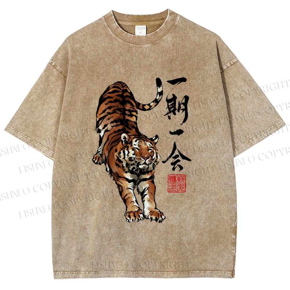 Unisex Japanese Ink Tiger Art Printed Washed Tee