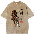 Unisex Japanese Ink Tiger Art Printed Washed Tee