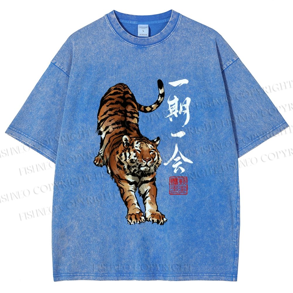 Unisex Japanese Ink Tiger Art Printed Washed Tee