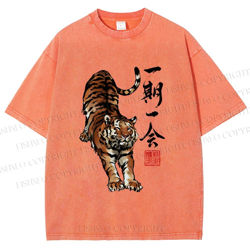 Unisex Japanese Ink Tiger Art Printed Washed Tee