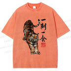Unisex Japanese Ink Tiger Art Printed Washed Tee