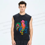 Unisex Multicolor Rooster Printed Washed Tank Top