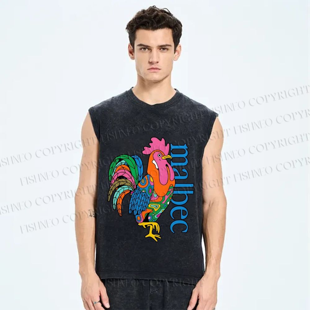 Unisex Multicolor Rooster Printed Washed Tank Top