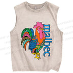 Unisex Multicolor Rooster Printed Washed Tank Top