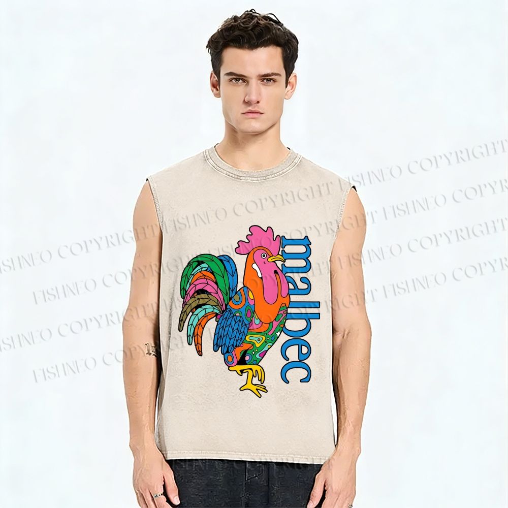 Unisex Multicolor Rooster Printed Washed Tank Top