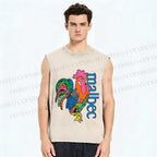 Unisex Multicolor Rooster Printed Washed Tank Top