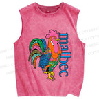 Unisex Multicolor Rooster Printed Washed Tank Top