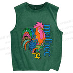 Unisex Multicolor Rooster Printed Washed Tank Top