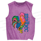 Unisex Multicolor Rooster Printed Washed Tank Top