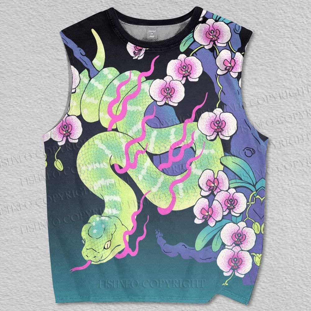 Unisex Snake in Flowers Japanese Ukiyo-e Vintage Printed Tank Top