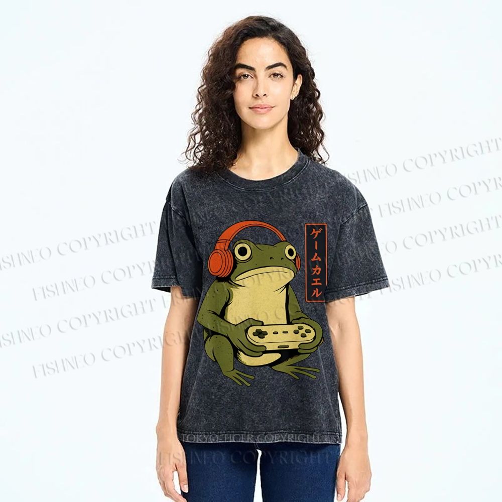 Unisex Gamer Frog Printed Washed Tee