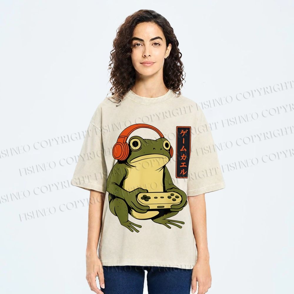 Unisex Gamer Frog Printed Washed Tee