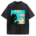 Unisex Black White Cat Office Meme Printed Washed Tee