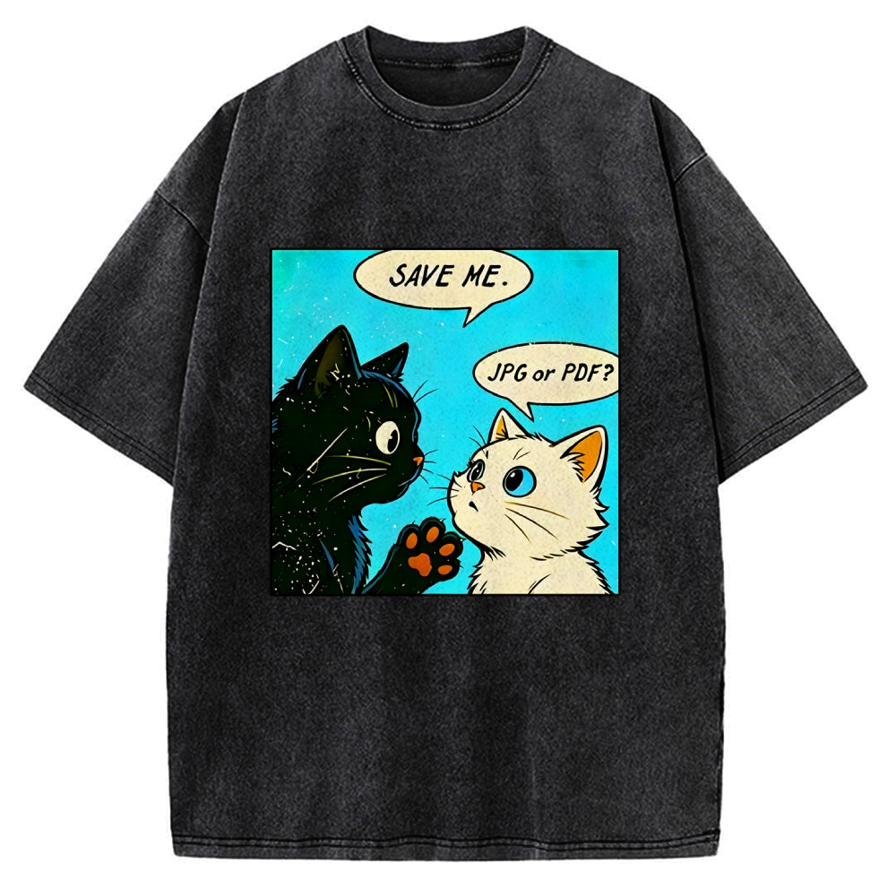 Unisex Black White Cat Office Meme Printed Washed Tee