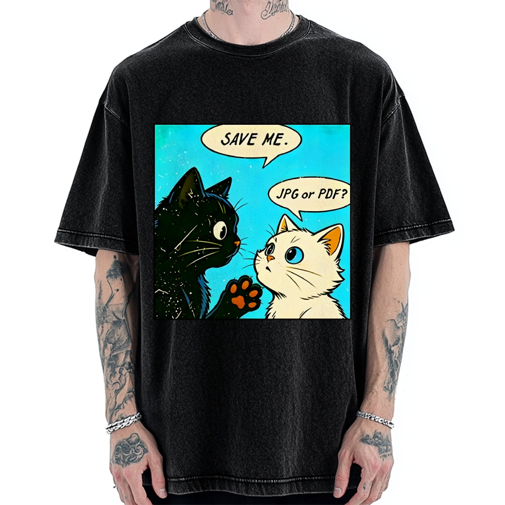 Unisex Black White Cat Office Meme Printed Washed Tee