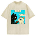 Unisex Black White Cat Office Meme Printed Washed Tee