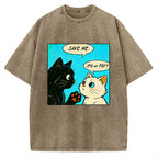 Unisex Black White Cat Office Meme Printed Washed Tee